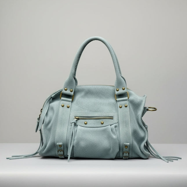 Borsa in Pelle Effetto Scamosciato con Dettagli Metallici | Azzurro