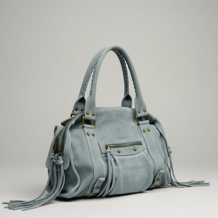 Borsa in Pelle Effetto Scamosciato con Dettagli Metallici | Azzurro