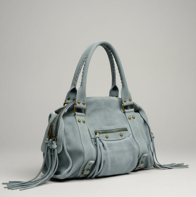 Borsa in Pelle Effetto Scamosciato con Dettagli Metallici | Azzurro