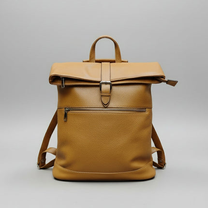 Zaino Roll Top in Ecopelle Cammello con Tasca Frontale