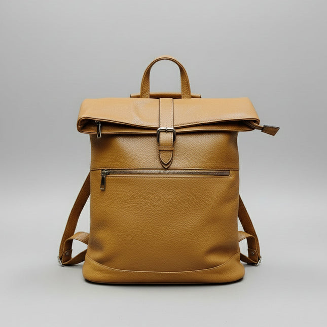 Zaino Roll Top in Ecopelle Cammello con Tasca Frontale