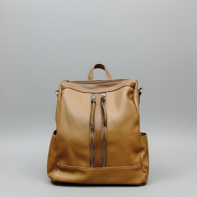 Zaino in Ecopelle Cammello con Doppia Zip Frontale