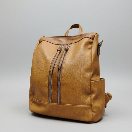 Zaino in Ecopelle Cammello con Doppia Zip Frontale