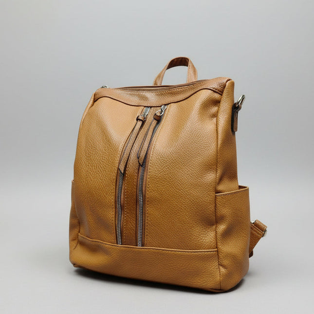 Zaino in Ecopelle Cammello con Doppia Zip Frontale