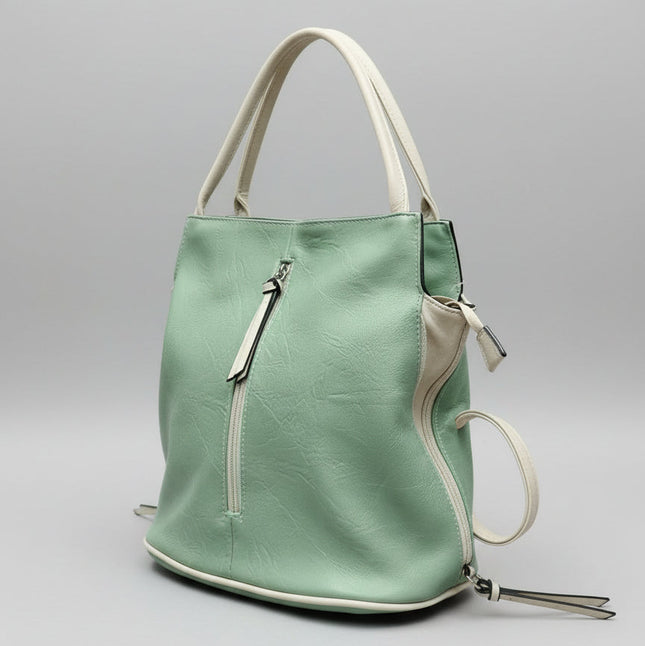 Zaino-Borsa in Ecopelle Verde Acqua 2in1 con Zip Frontale