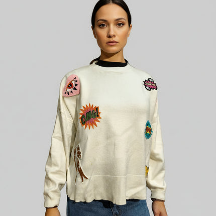Maglione Taglia Unica Patch Pop Art – Disponibile Bianco e Nero