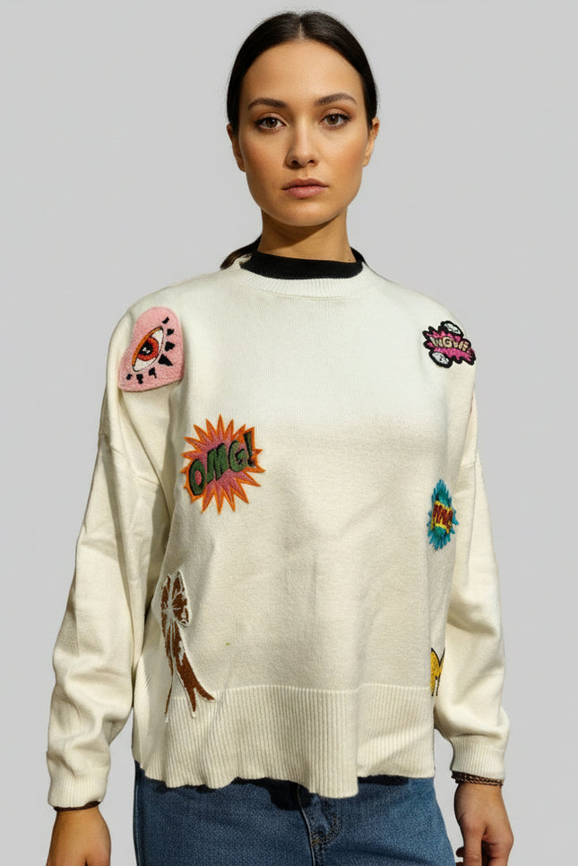 Maglione Taglia Unica Patch Pop Art – Disponibile Bianco e Nero