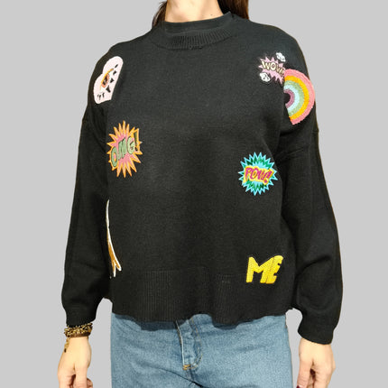 Maglione Taglia Unica Patch Pop Art – Disponibile Bianco e Nero