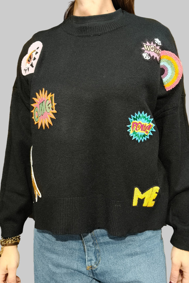 Maglione Taglia Unica Patch Pop Art – Disponibile Bianco e Nero