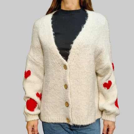 Cardigan Taglia Unica con Cuori Rossi sulle Maniche