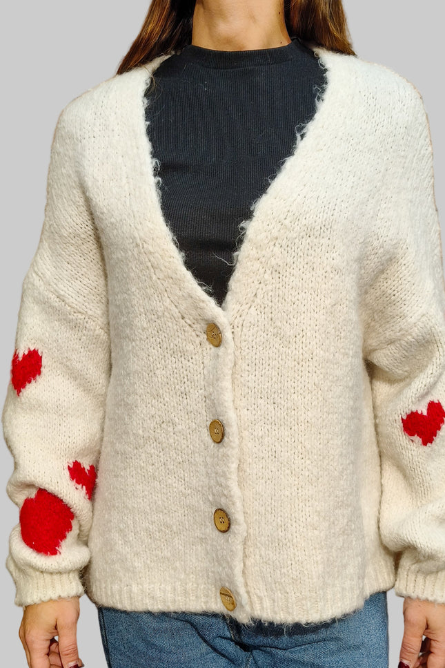 Cardigan Taglia Unica con Cuori Rossi sulle Maniche