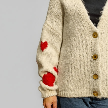Cardigan Taglia Unica con Cuori Rossi sulle Maniche