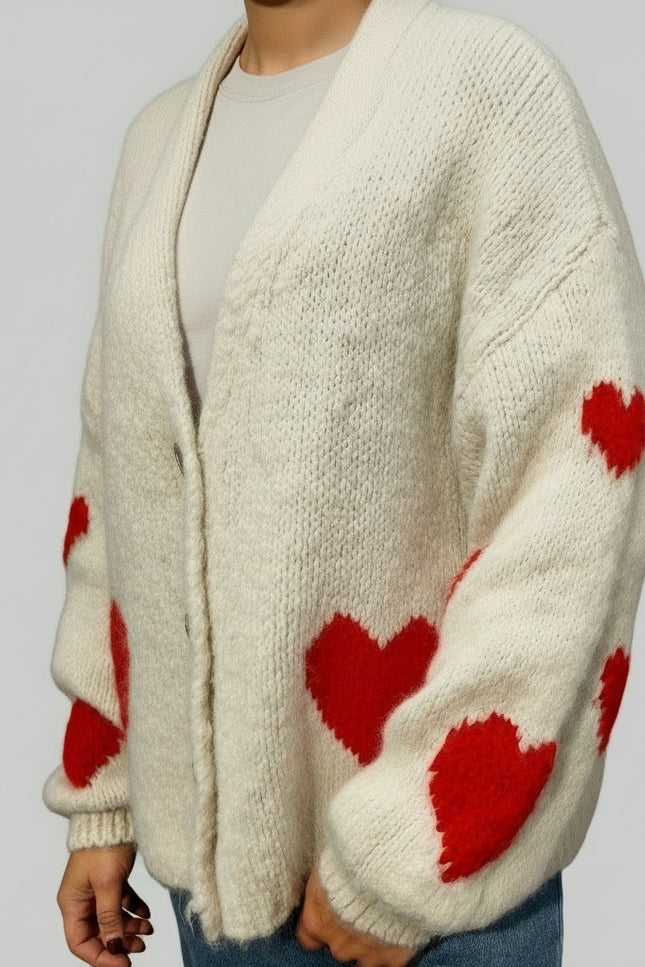 Cardigan Taglia Unica con Cuori Rossi sulle Maniche