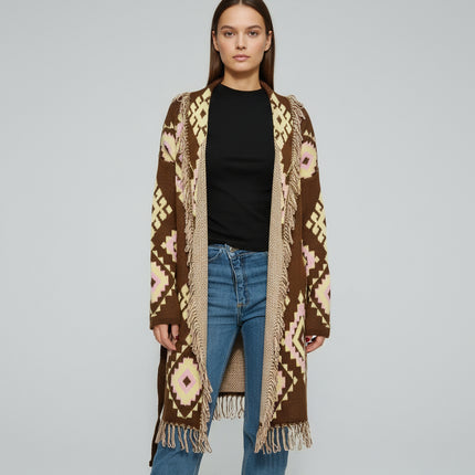 Cardigan Lungo Etnico con Frange e Laccio | 3 Varianti Colore