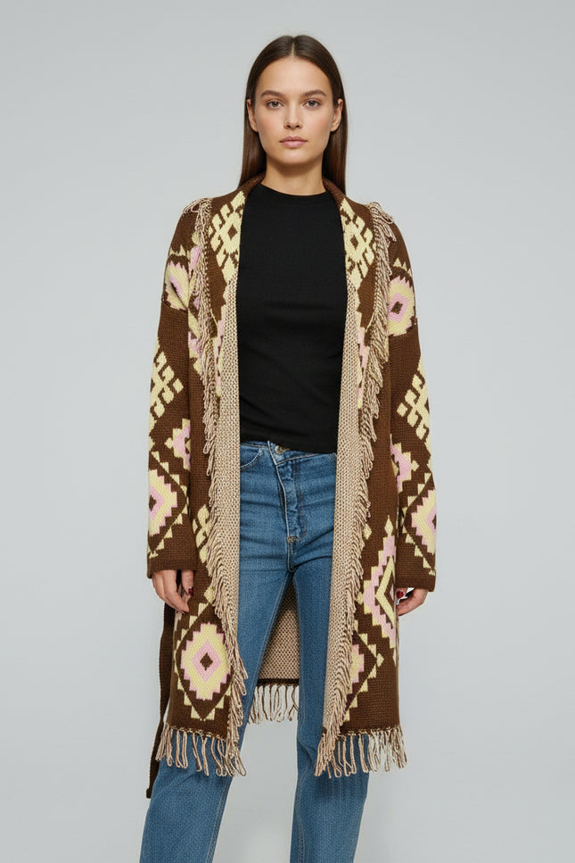 Cardigan Lungo Etnico con Frange e Laccio | 3 Varianti Colore
