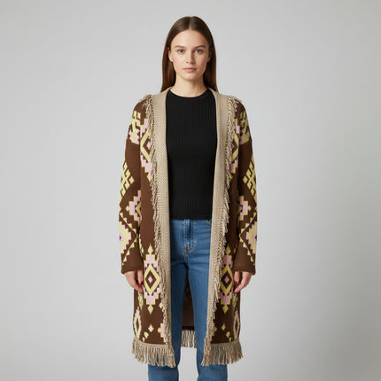Cardigan Lungo Etnico con Frange e Laccio | 3 Varianti Colore