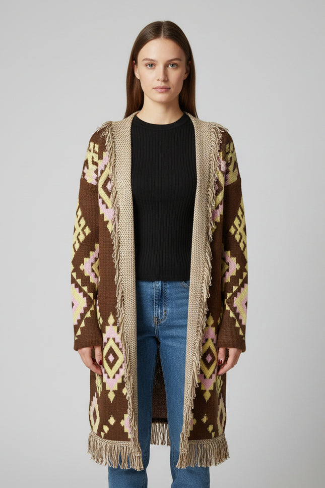 Cardigan Lungo Etnico con Frange e Laccio | 3 Varianti Colore