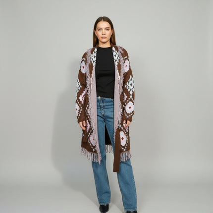 Cardigan Lungo Etnico con Frange e Laccio | 3 Varianti Colore