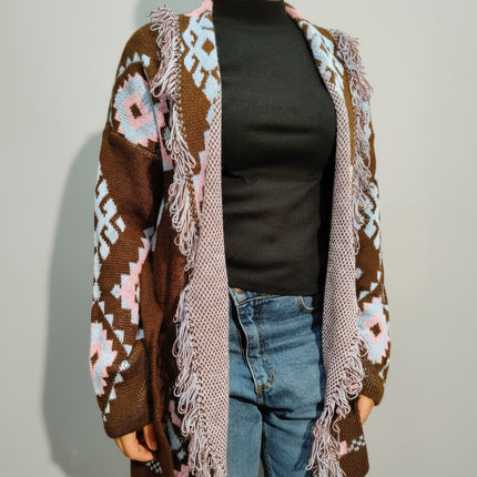 Cardigan Lungo Etnico con Frange e Laccio | 3 Varianti Colore