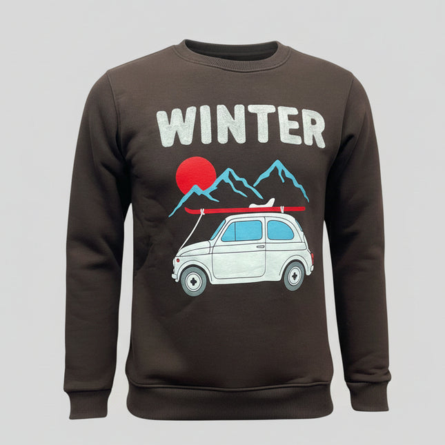 Felpa Uomo Marrone Winter con Stampa Auto e Montagne