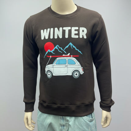Felpa Uomo Marrone Winter con Stampa Auto e Montagne