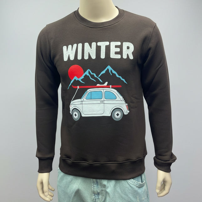 Felpa Uomo Marrone Winter con Stampa Auto e Montagne