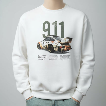 Felpa Bianca Uomo 911 con Stampa Auto