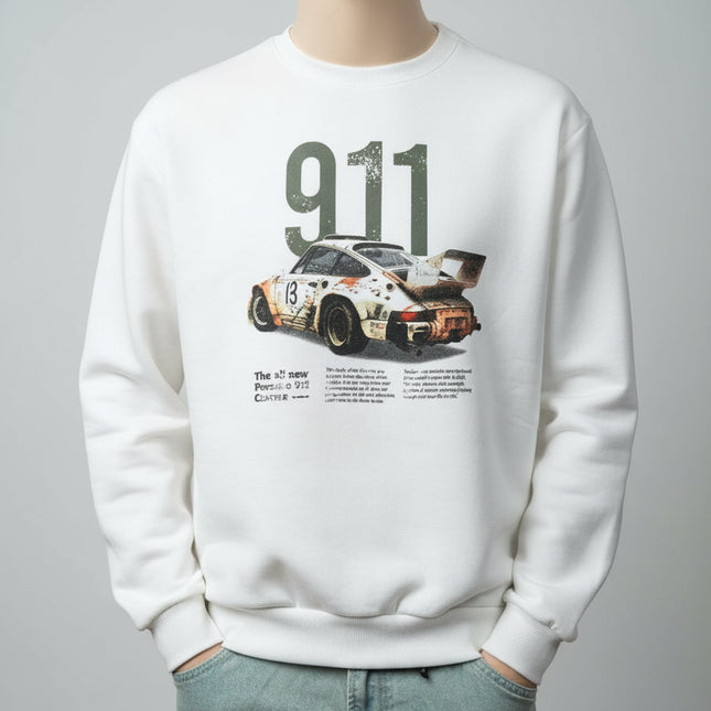 Felpa Bianca Uomo 911 con Stampa Auto