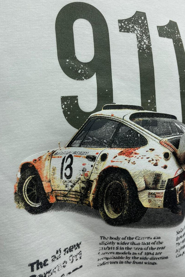 Felpa Bianca Uomo 911 con Stampa Auto